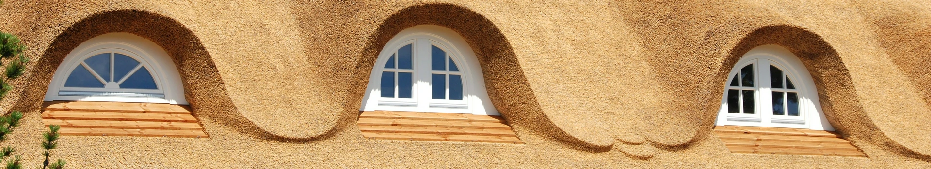 Okna w domie z dachem z trzciny